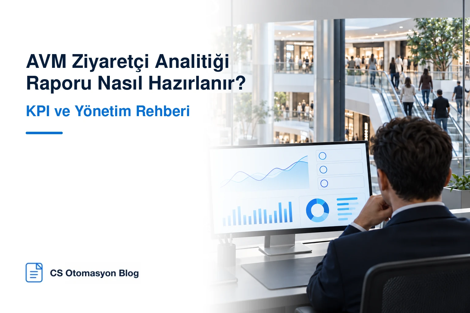 AVM ziyaretçi analitiği raporunu inceleyen yönetici ve trafik grafikleri