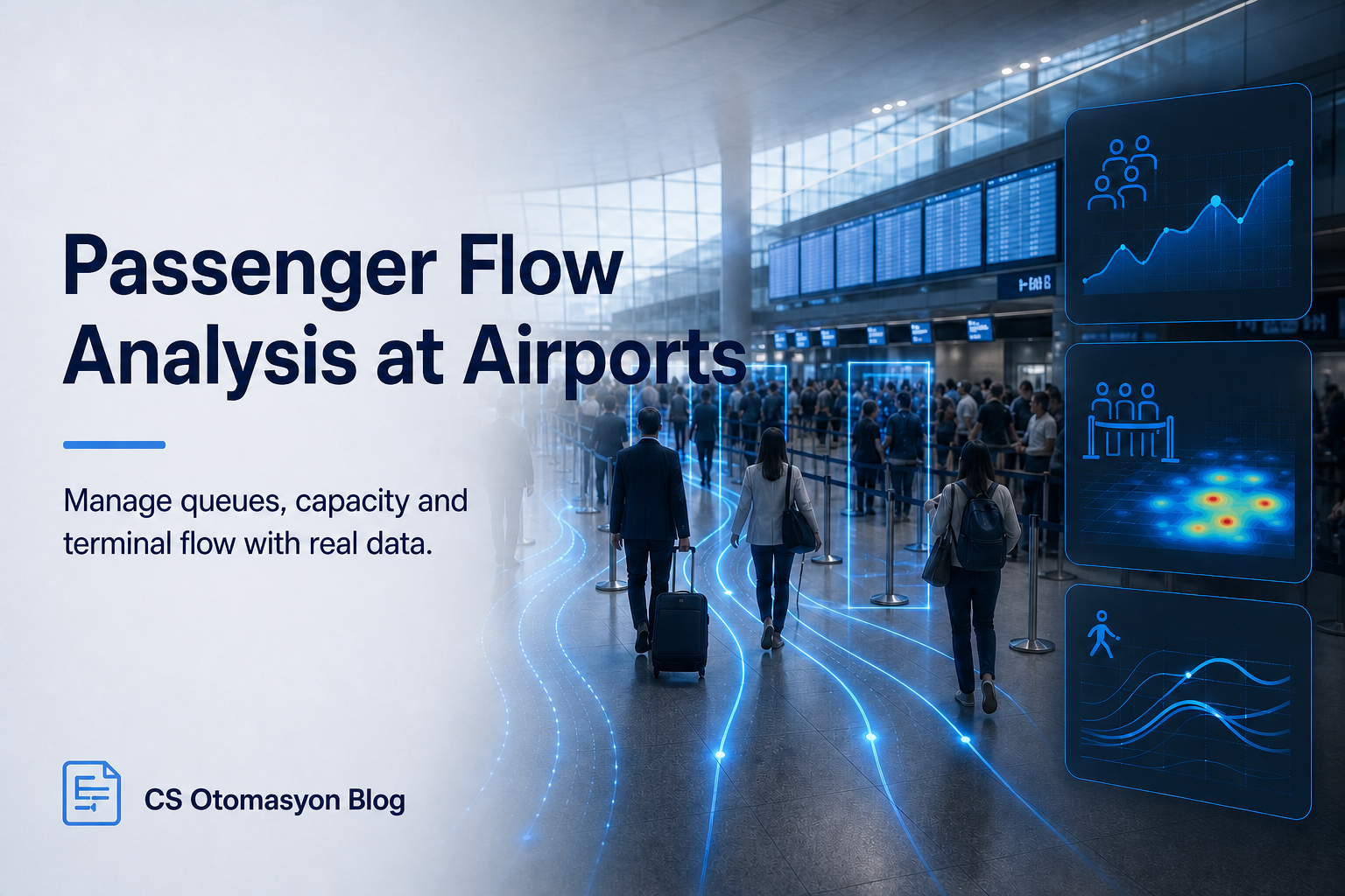 Analytics software screen mapping passenger density and security queue times inside an airport terminal