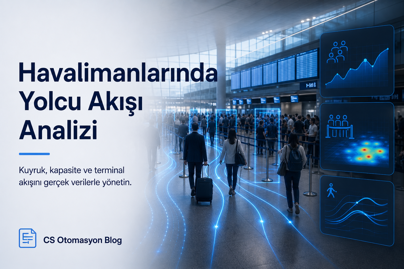 Havalimanı terminali içinde yolcu yoğunluğunu ve güvenlik kuyruk sürelerini haritalandıran analitik yazılım ekranı