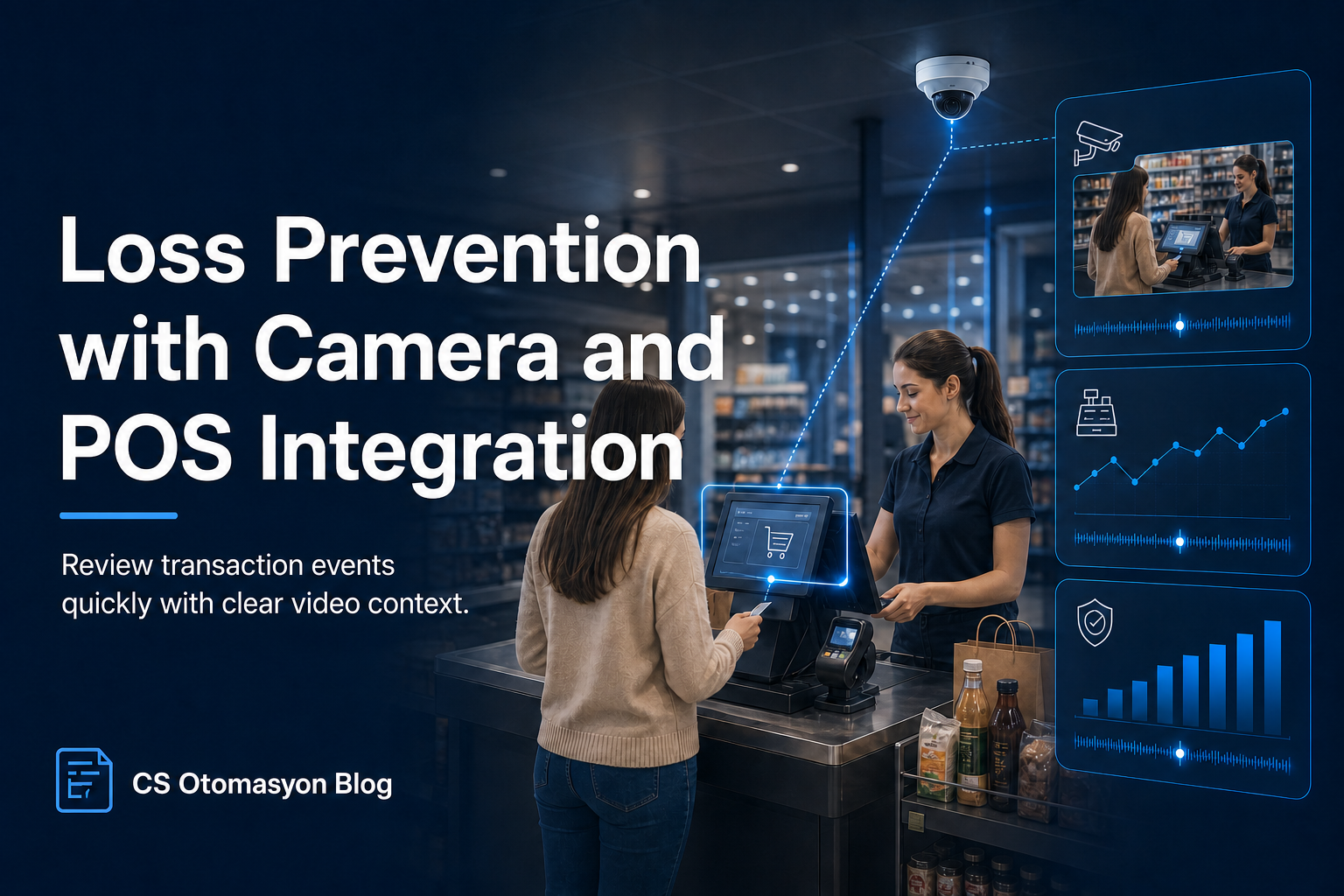 Integration screen where data text from retail checkout transactions is overlaid on security camera footage with timestamps