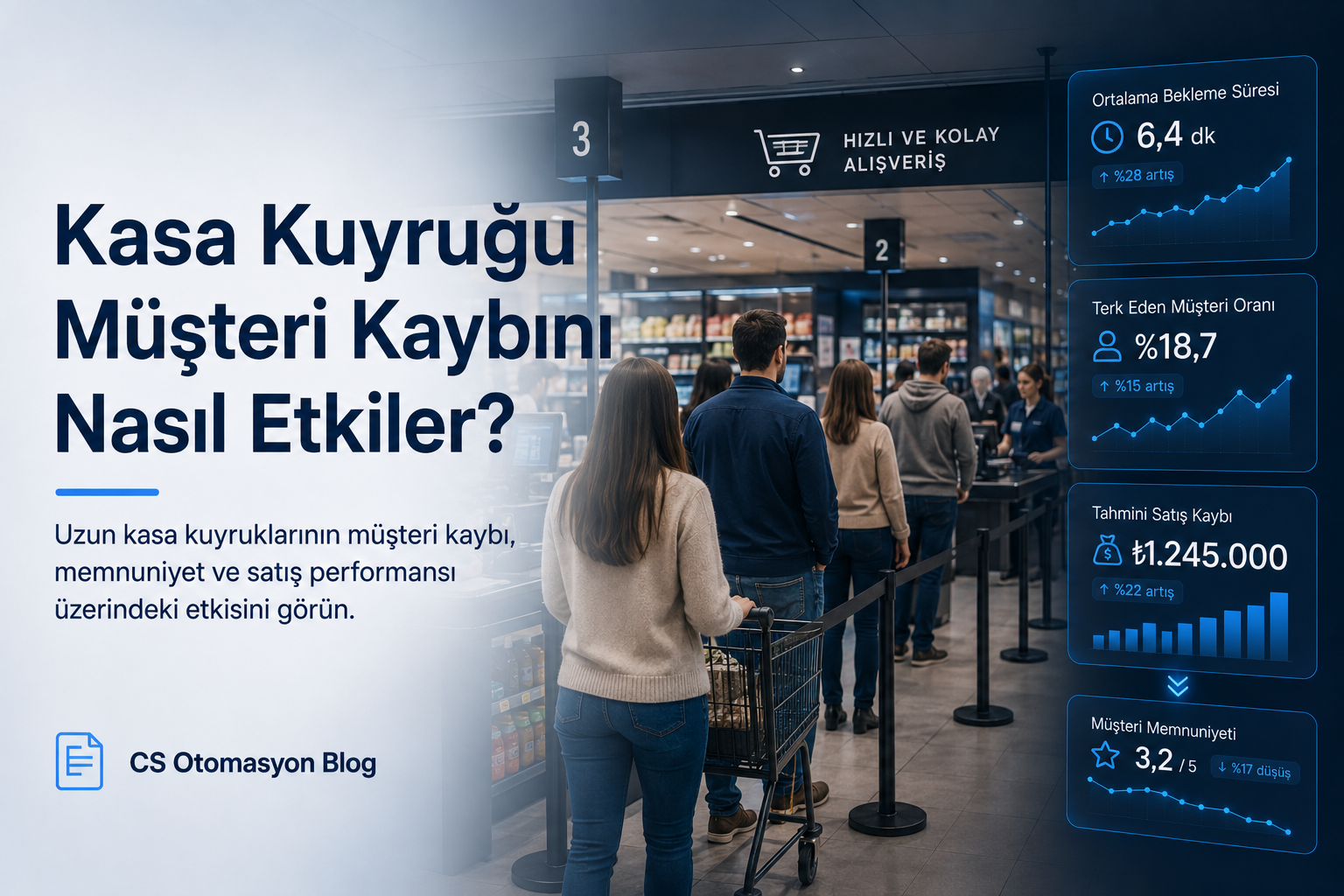 Kasa kuyruğu ve müşteri kaybı ilişkisini gösteren perakende analitiği görseli