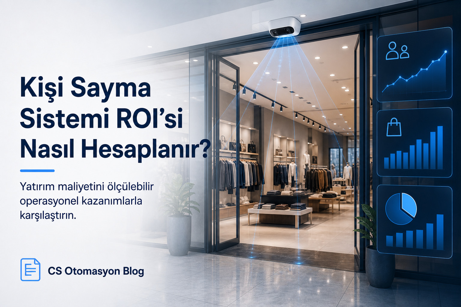 Perakende mağaza girişinde kişi sayma sensörü ve analitik göstergelerini içeren konsept görseli
