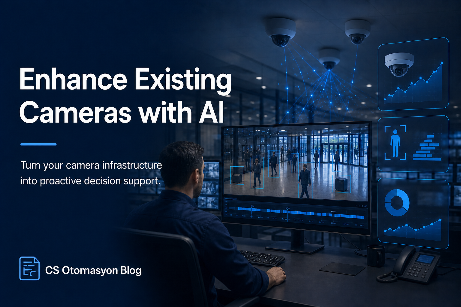 System integration visual showing traditional CCTV security cameras connected to an AI analytics server as an intelligent system