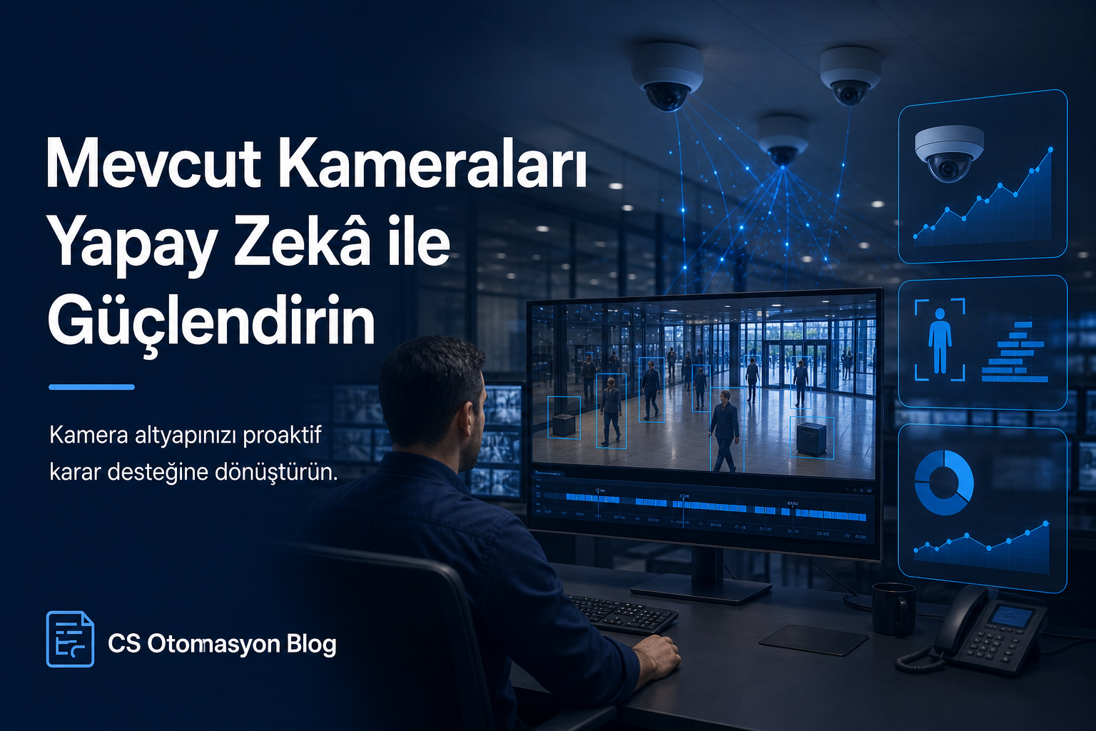 Geleneksel CCTV güvenlik kameralarının yapay zekâ analiz sunucusu ile akıllı sisteme bağlandığını gösteren sistem entegrasyon görseli