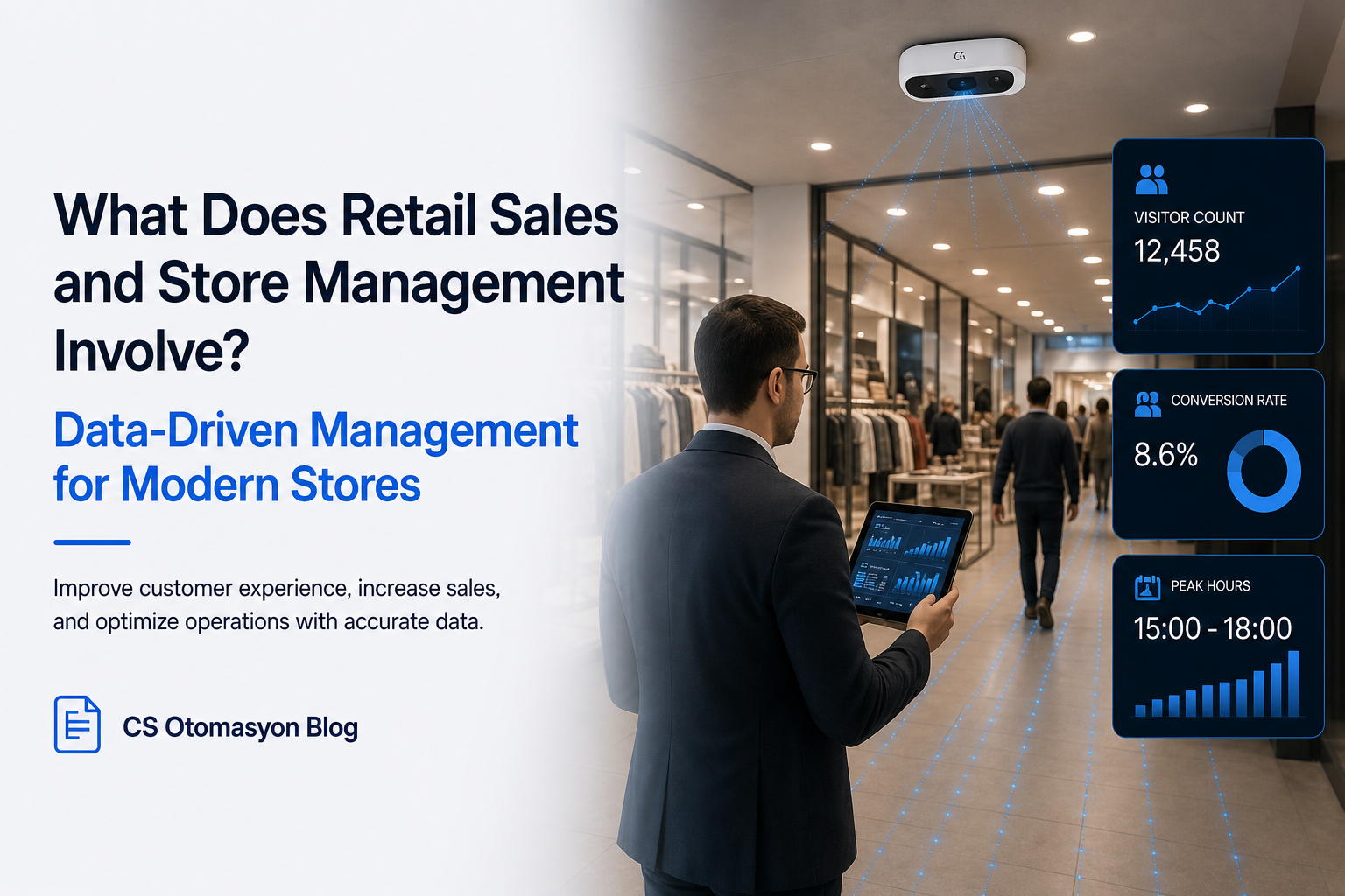 Store manager reviewing visitor count and conversion KPIs on a tablet in a modern retail store
