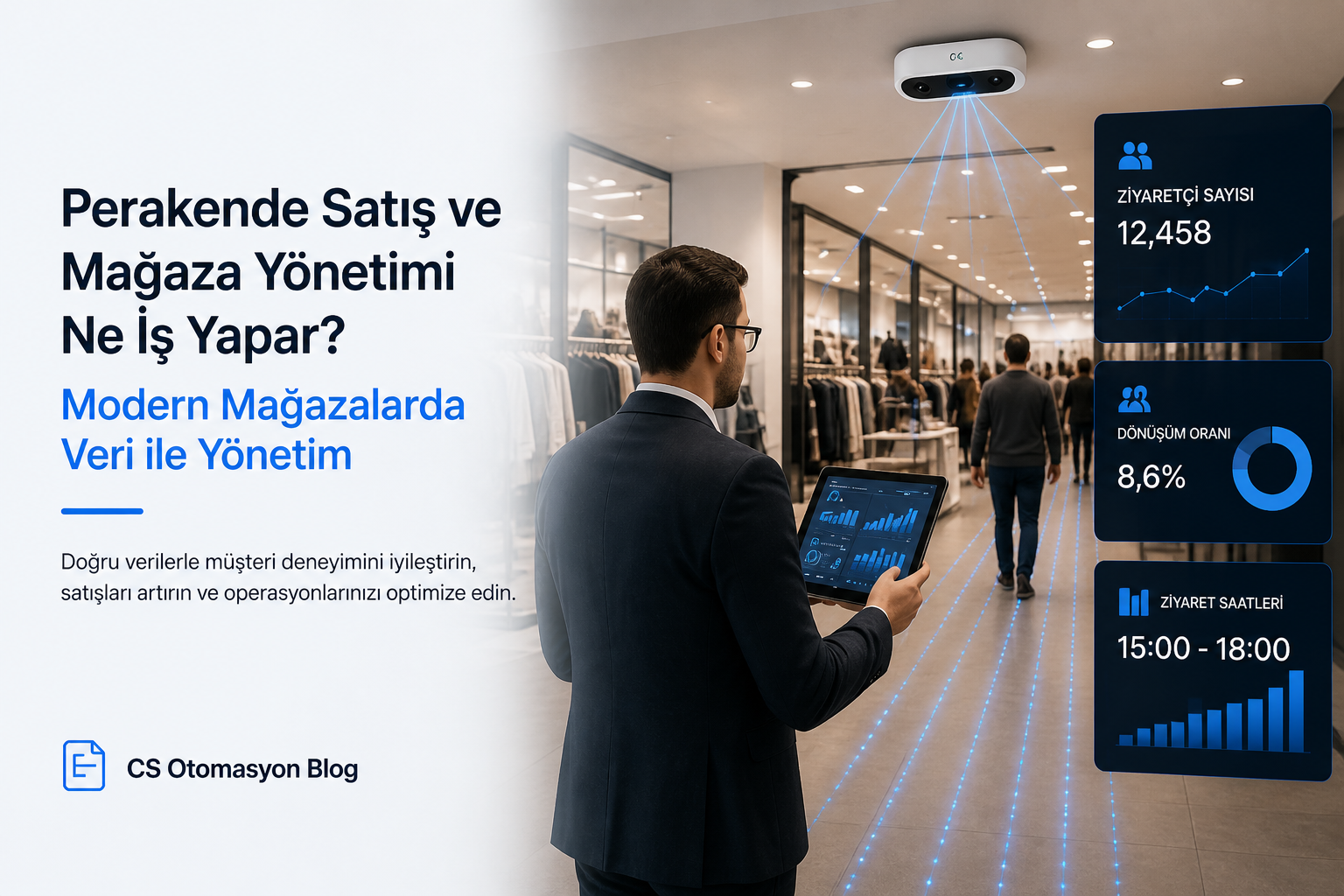 Mağaza yöneticisinin tablet üzerinden ziyaretçi sayısı ve dönüşüm KPI'larını incelediği modern perakende mağazası