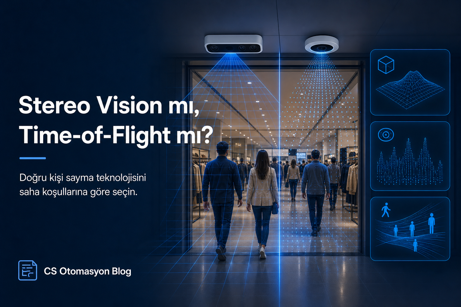 Stereo Vision kameralı cihaz ile Time-of-Flight (ToF) kızılötesi sensörünün derinlik algılama prensiplerini gösteren teknik diyagram