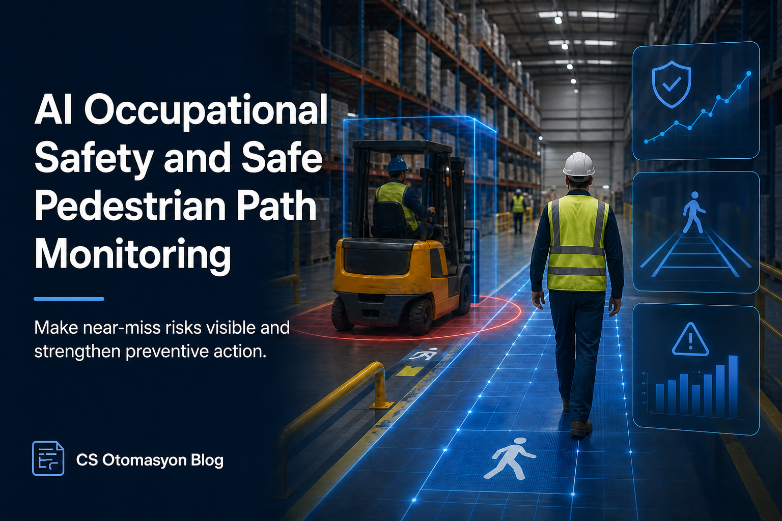 Analytics screen where forklift and human movement is tracked with AI virtual zones over pedestrian lines on an industrial warehouse floor