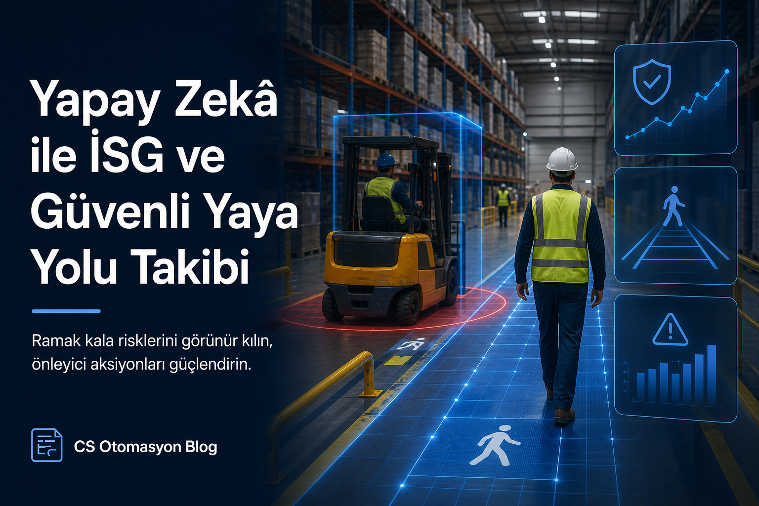 Endüstriyel depo zeminindeki yaya çizgileri üzerinde forklift ve insan hareketlerinin yapay zekâ sanal bölgeleriyle takip edildiği analiz ekranı