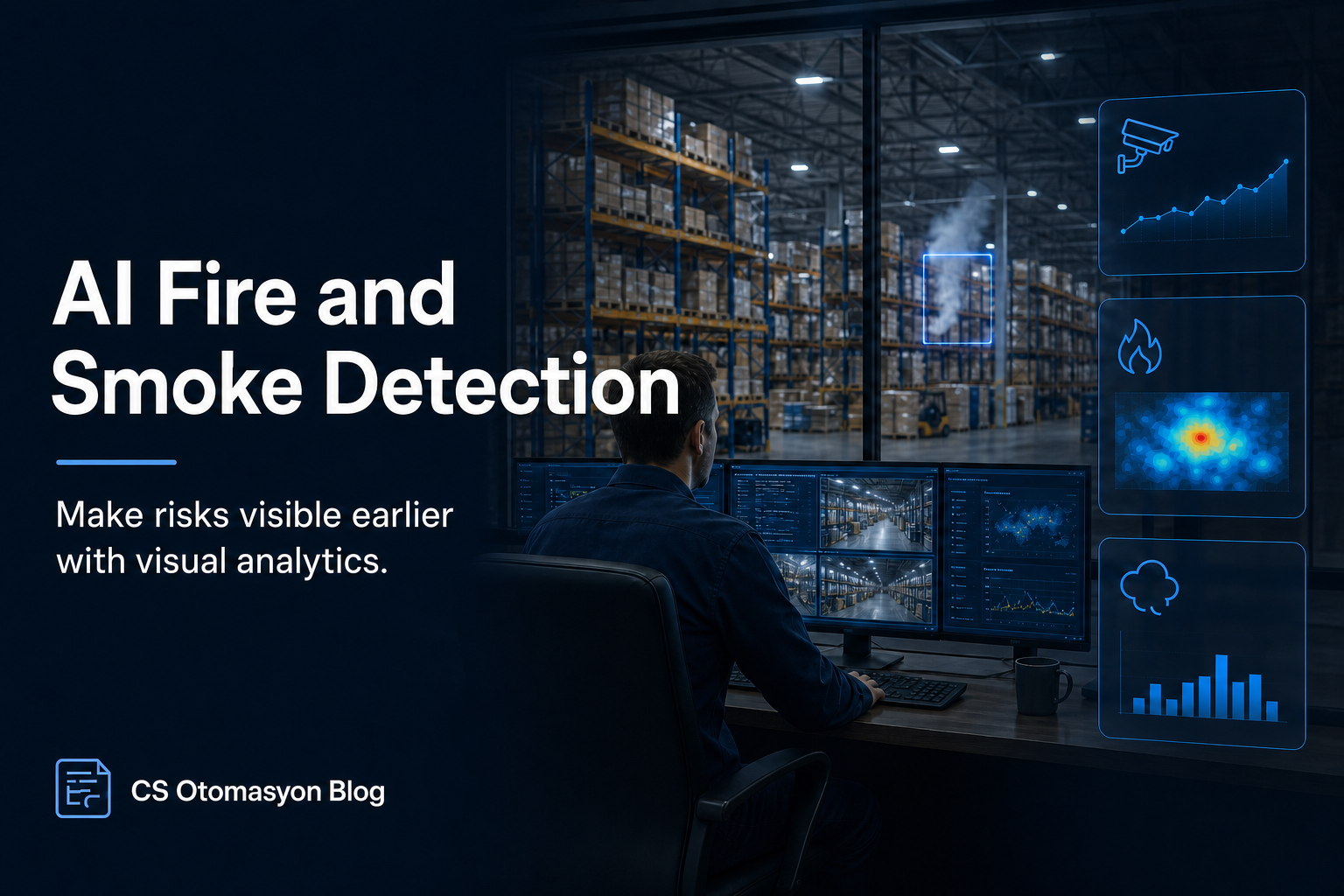 Detection screen where AI marks early-stage smoke and flame in an industrial facility camera view with a virtual frame