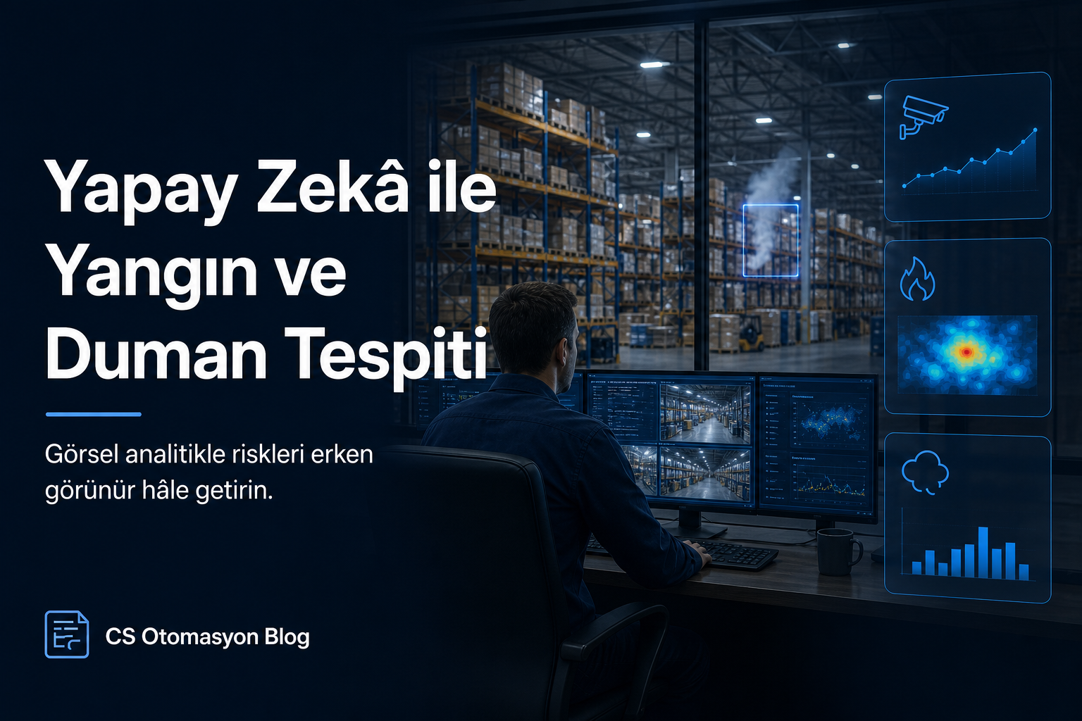 Endüstriyel tesis kamera görüntüsü üzerinde erken aşama duman ve alevin yapay zekâ tarafından sanal çerçeve içine alındığı tespit ekranı